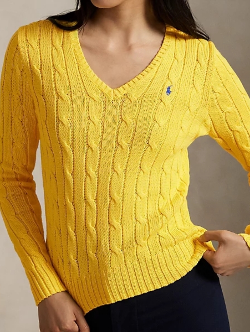 $148 Lauren Ralph Lauren Yellow Cable Knit V-Neck Sweater Size M - Picture 3 of 8